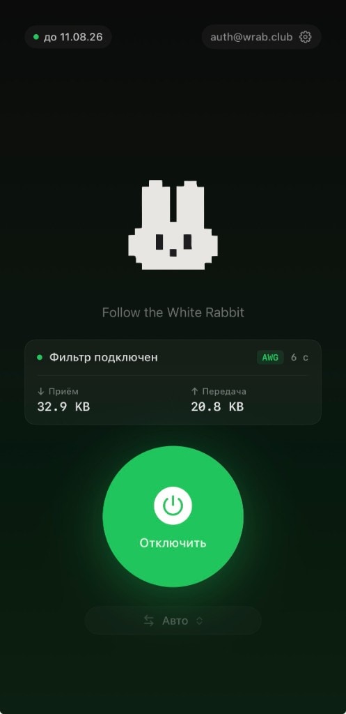 Wrab для iPhone — фильтр подключён, активная сессия